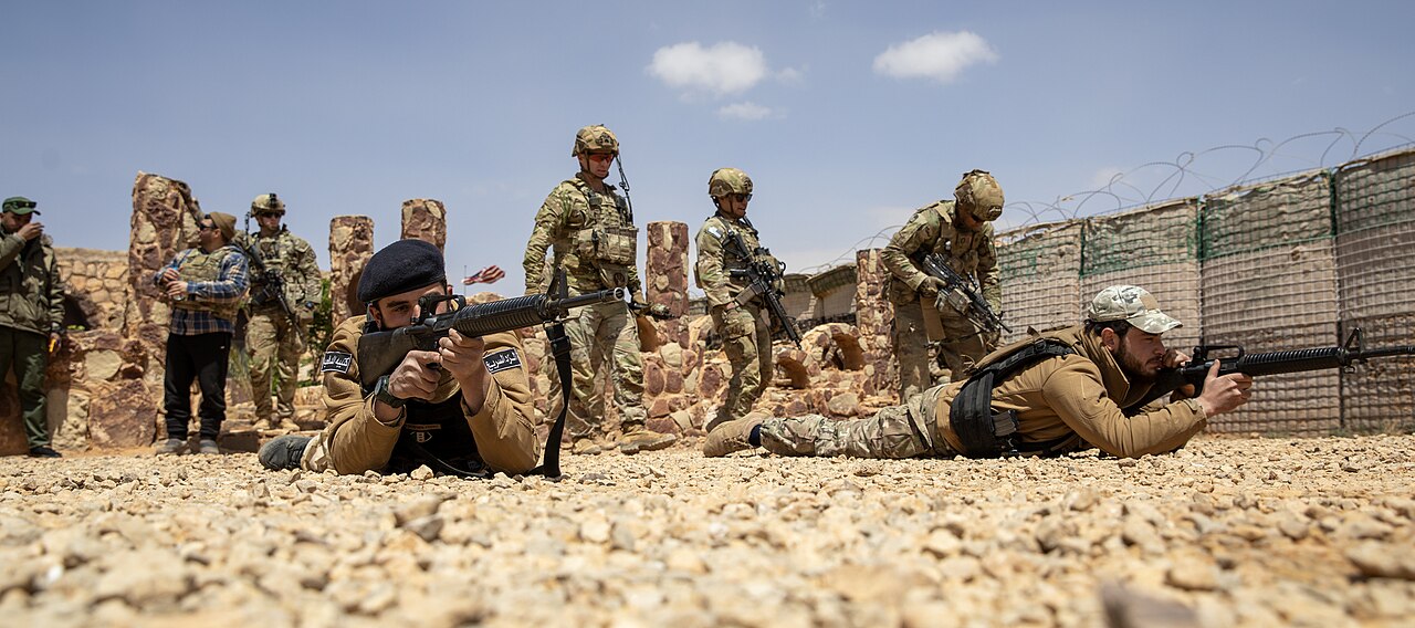Syrian partner soldiers practice movement techniques with U.S. Army soldiers in Syria in April 2025.