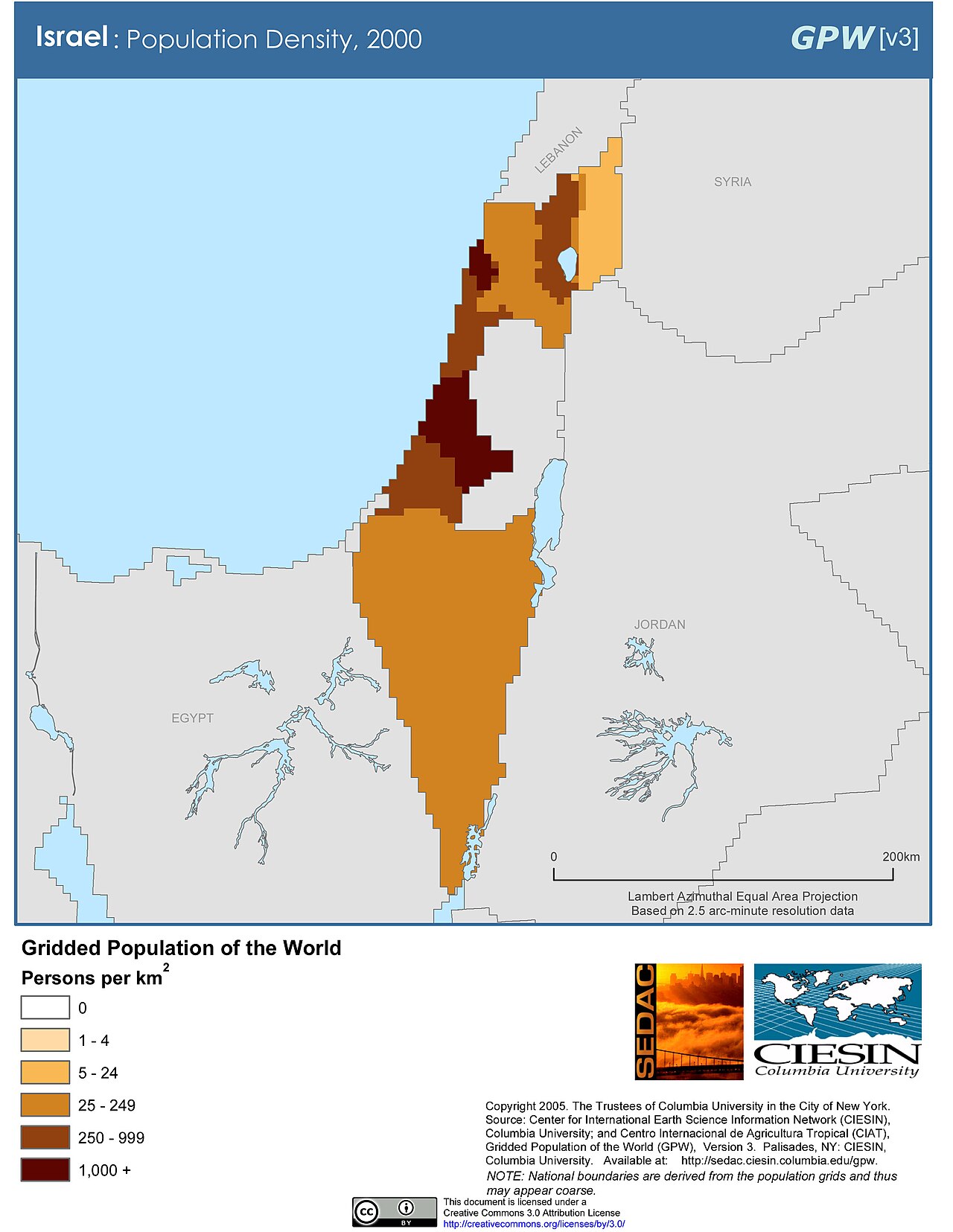 Israel population density distribution map from 2000.