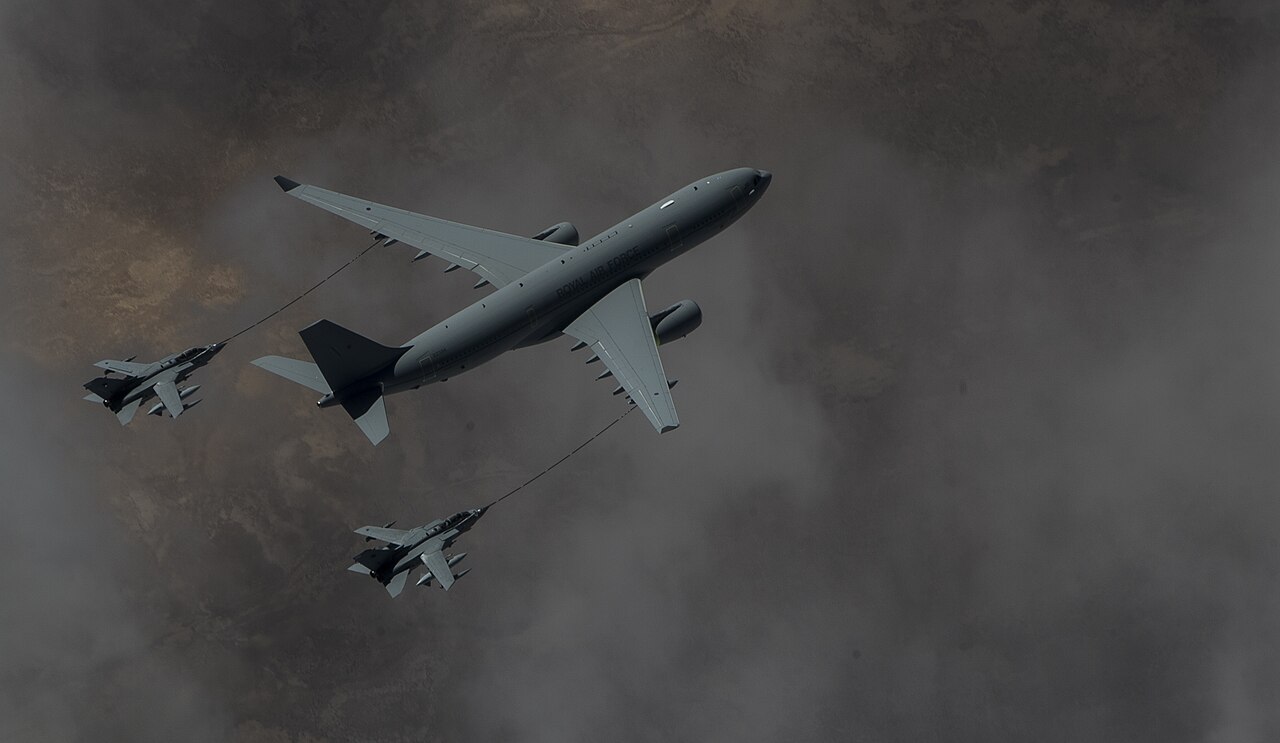 A Royal Air Force Voyager refuels two RAF Tornado during Operation Shader in 2015 over Iraq.