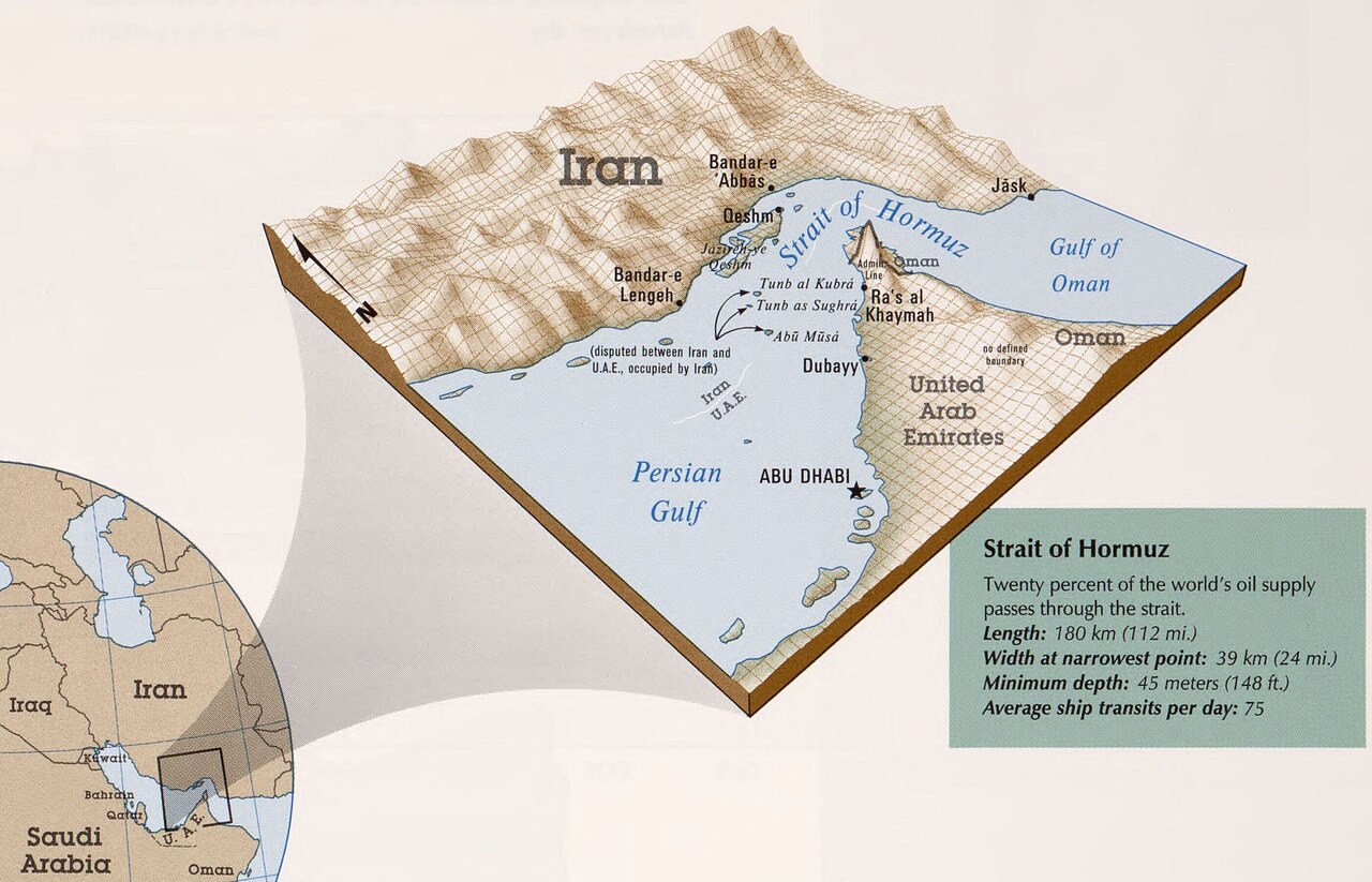 Map showing the Strait of Hormuz at the entrance to the Persian Gulf.