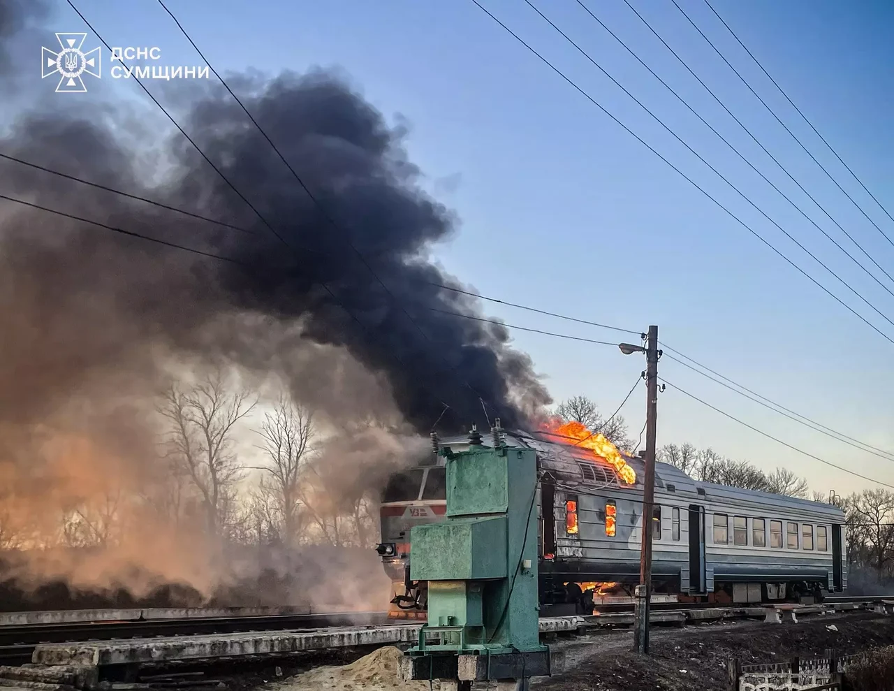 A suburban train in the Sumy region of Ukraine after a Russian drone strike. File photo.