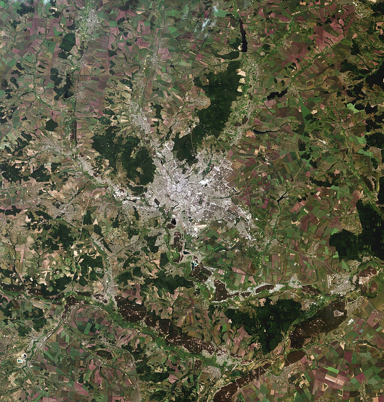 Satellite map of Kharkiv, Ukraine and surrounding region.