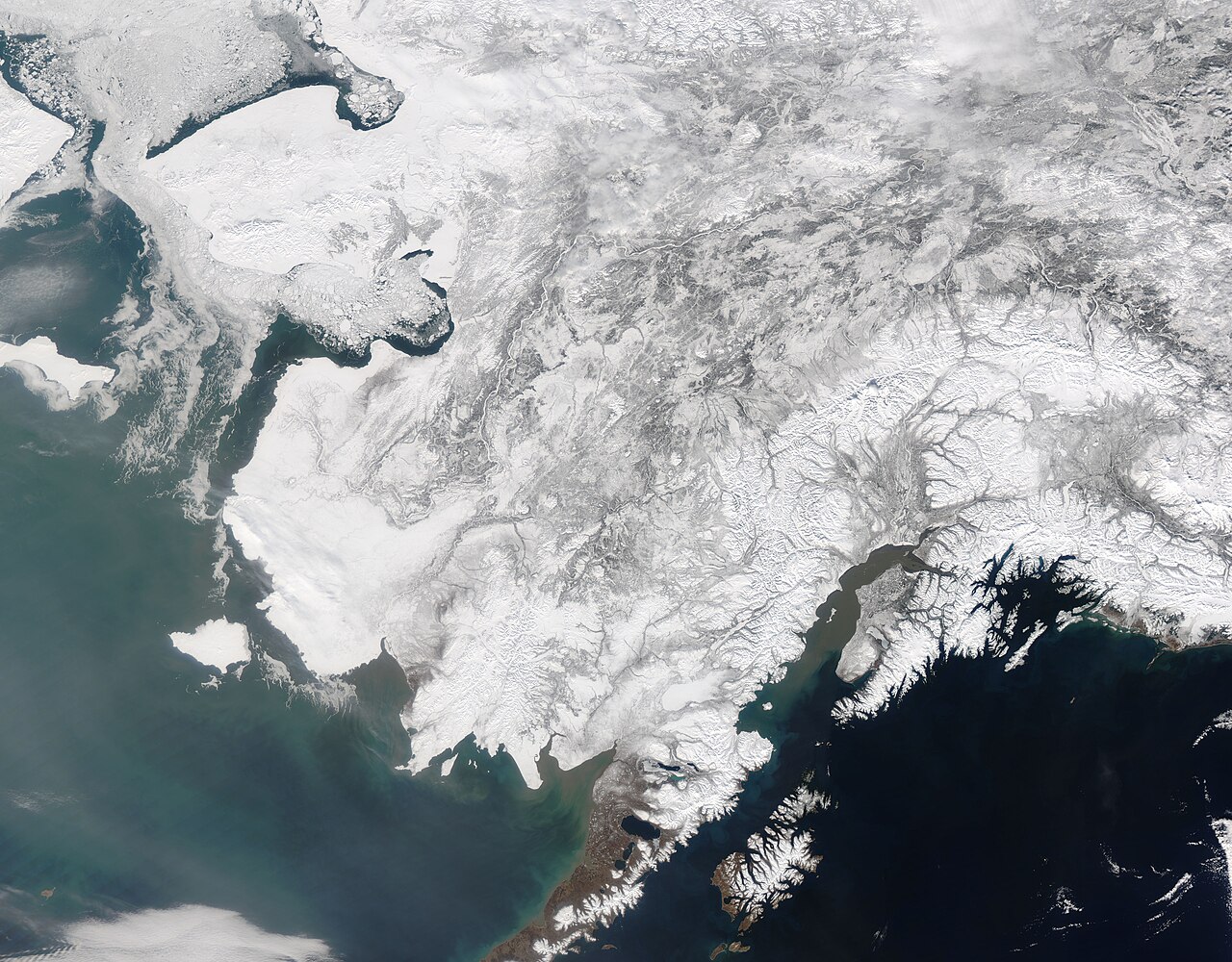 Satellite view of Alaska's coast and Cook Inlet.