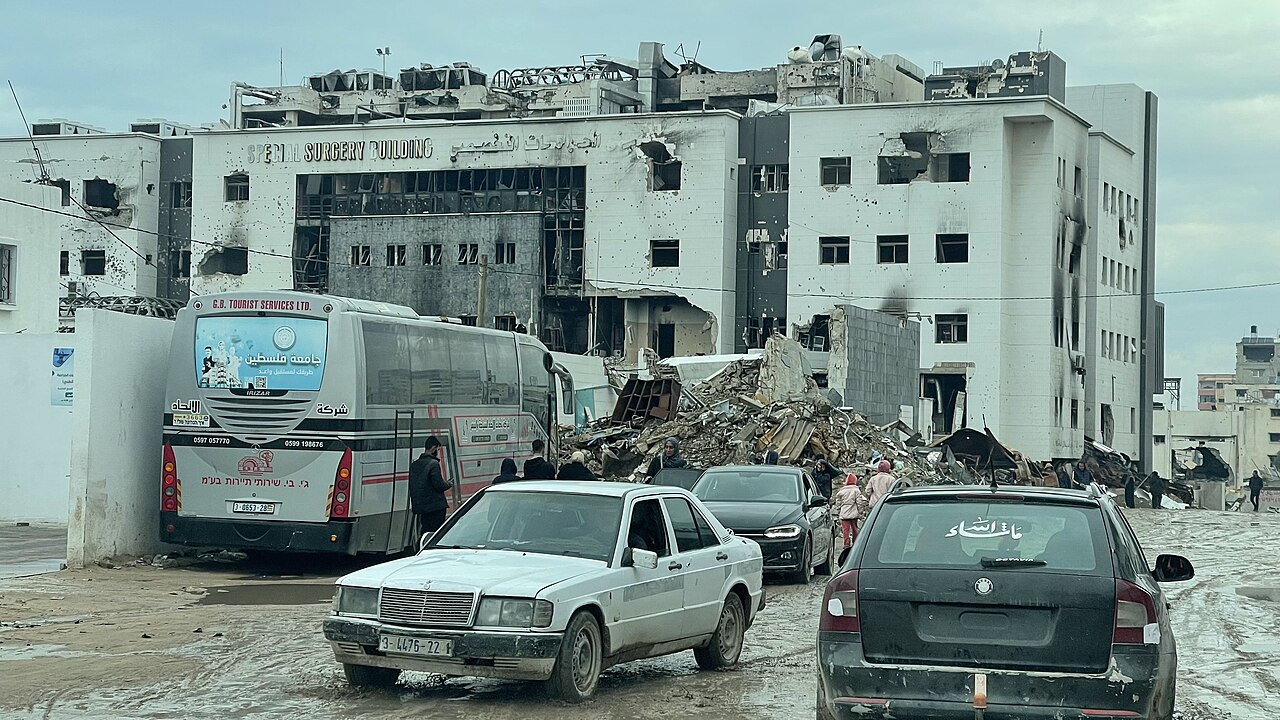 Al-Shifa Hospital in Gaza showing damage to medical infrastructure from the 2023-2025 war.