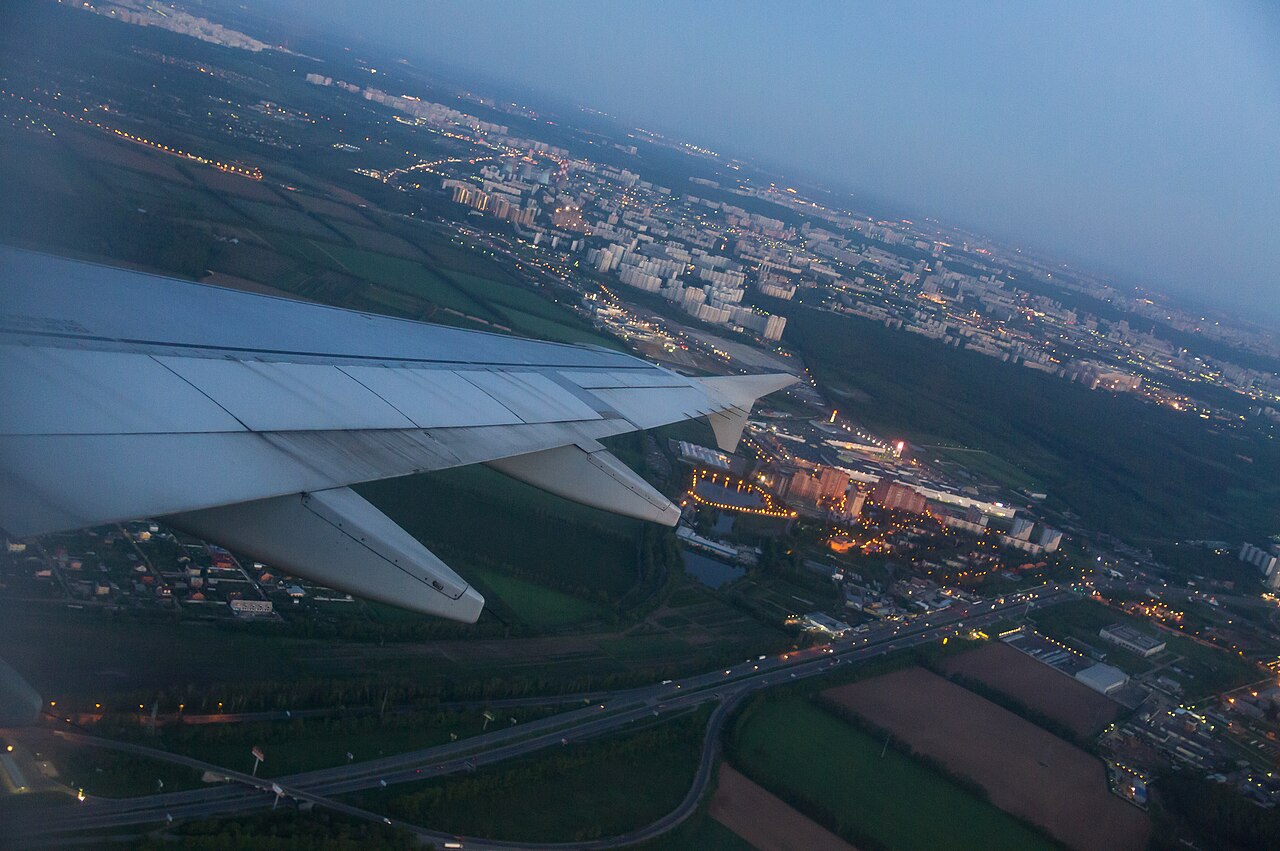 Aerial view over Moscow at night approaching Domodedovo Airport. File photo.