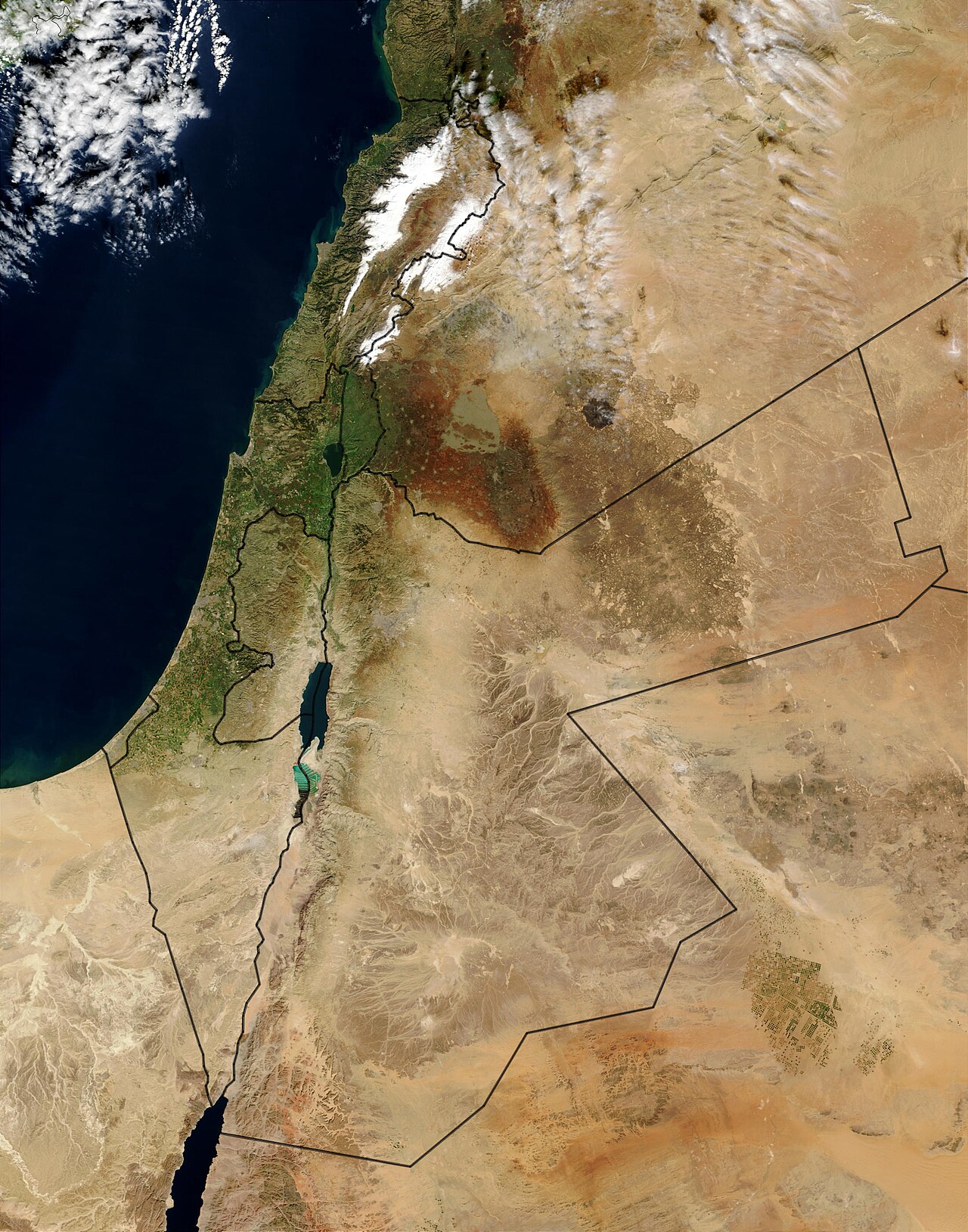 Contains modified Moderate Resolution Imaging Spectroradiometer (MODIS) data showing the Mediterranean Sea and Middle East region including Syria, Israel, Jordan, Lebanon, Iraq, Saudi Arabia and Egypt. File photo.