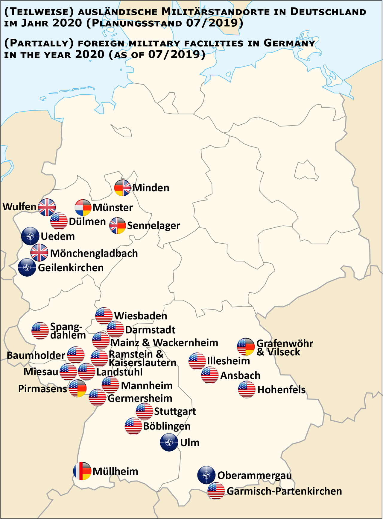 Map showing locations of foreign military installations in Germany.