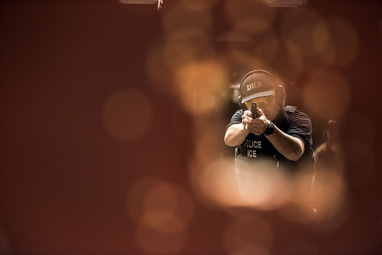 An ICE ERO officer participates in firearms training.