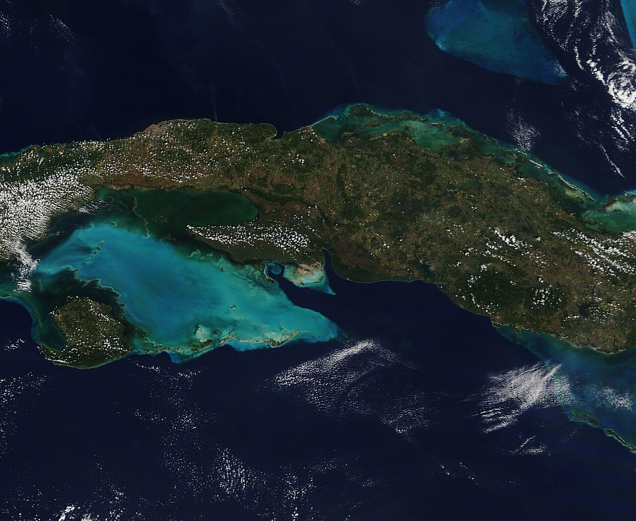 Satellite image of western Cuba showing the island's location south of Florida.