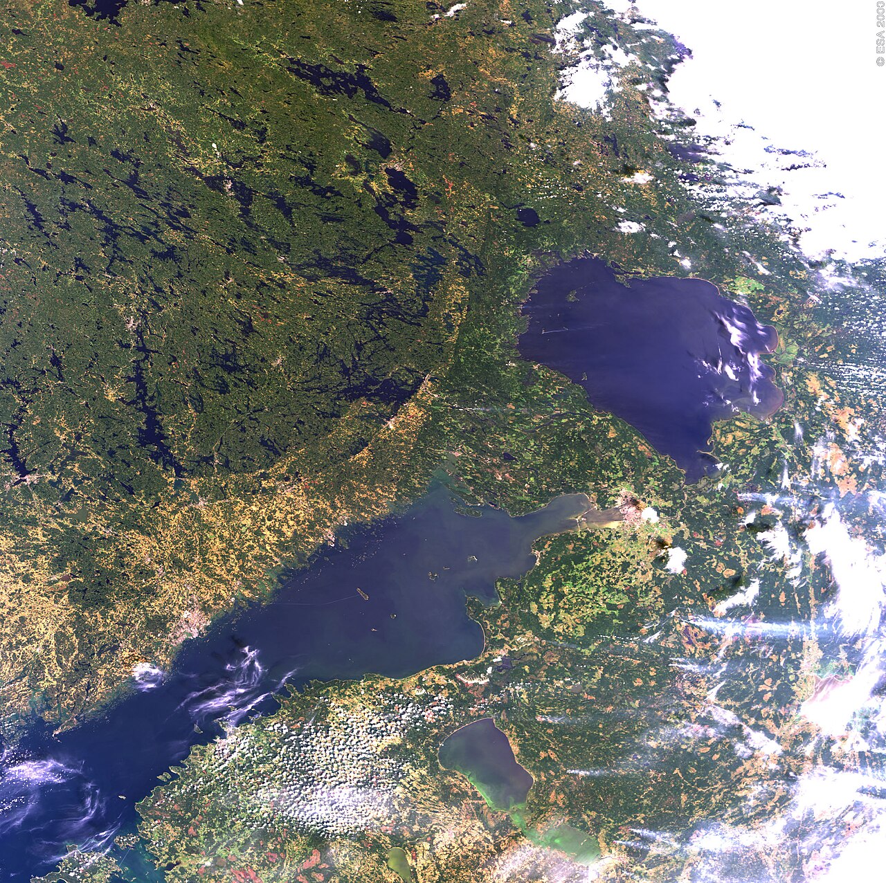 Satellite image of St. Petersburg and the Gulf of Finland.