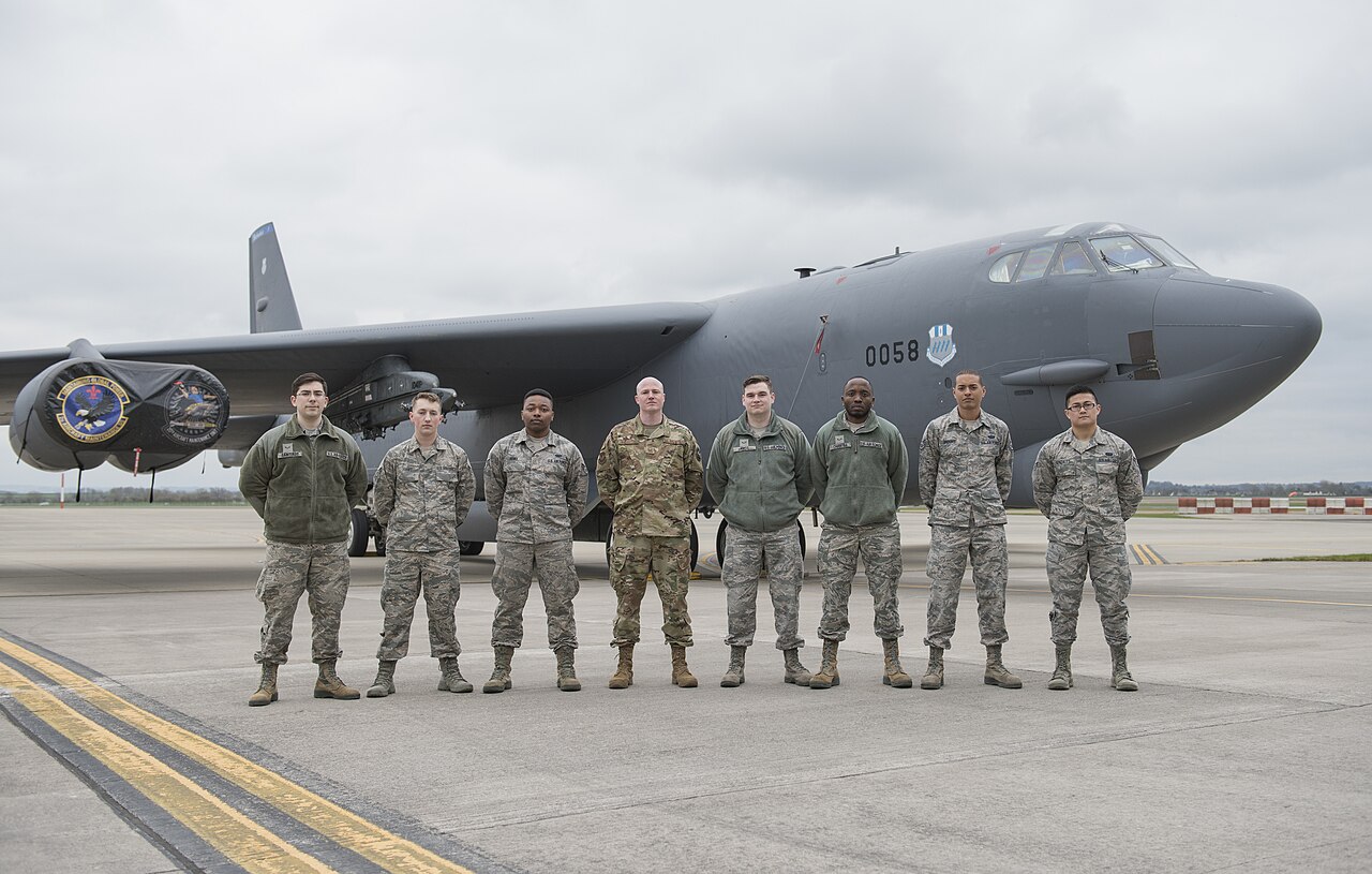 The 422nd Communications Squadron poses in front of a B-52 Stratofortress at RAF Fairford, England, March 19, 2019. File photo.