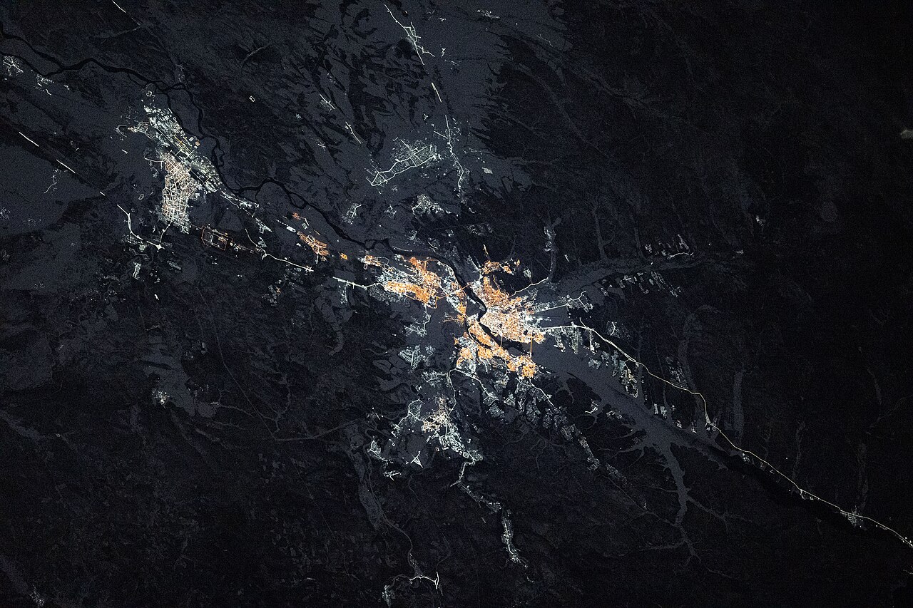 The city of Irkutsk, Russia, in Siberia split by the Angara River, which flows south to Lake Baikal.