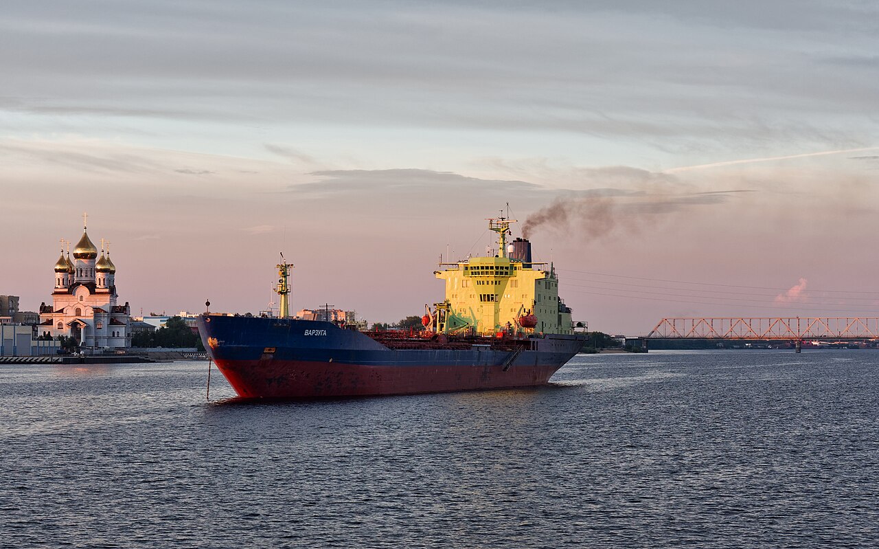 An oil tanker on the Northern Dvina River in Arkhangelsk, Russia.