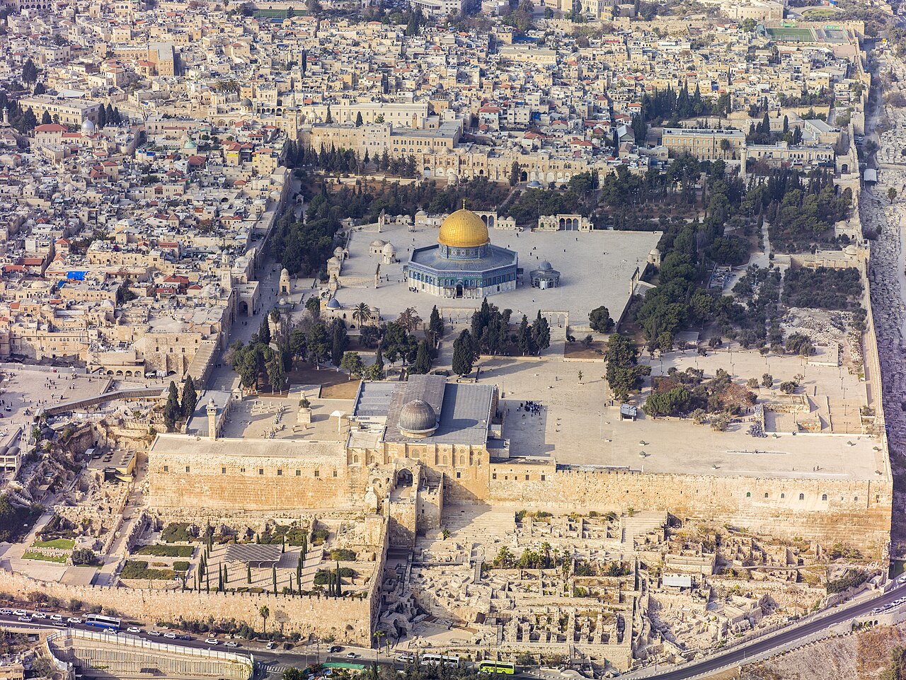 Aerial view of the Temple Mount with the Al-Aqsa Mosque in the Old City of Jerusalem.