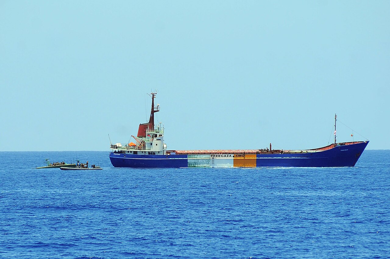 Israeli Navy soldiers approaching a flotilla ship during a maritime operation in the Gaza area.