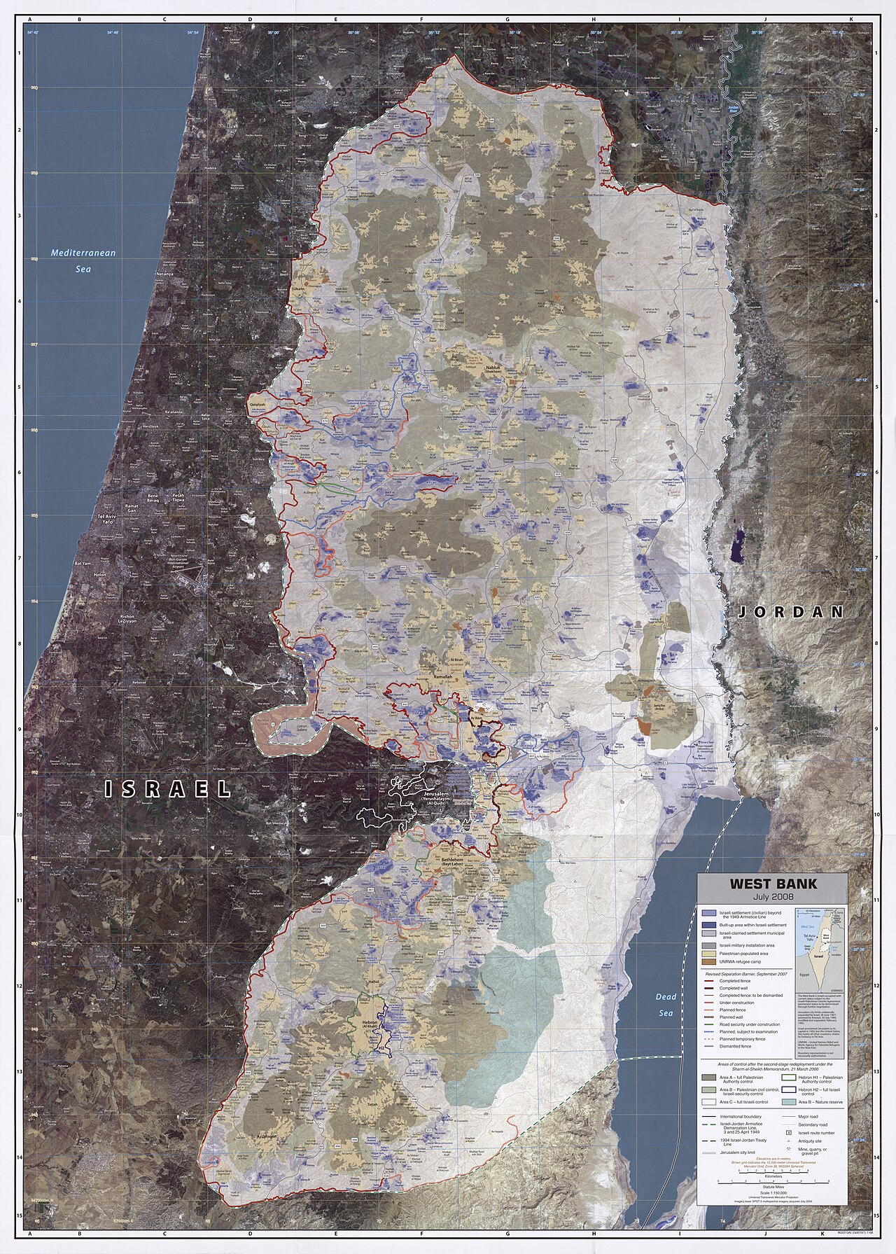 A CIA map of the West Bank showing Israeli settlement areas and Palestinian-populated areas.