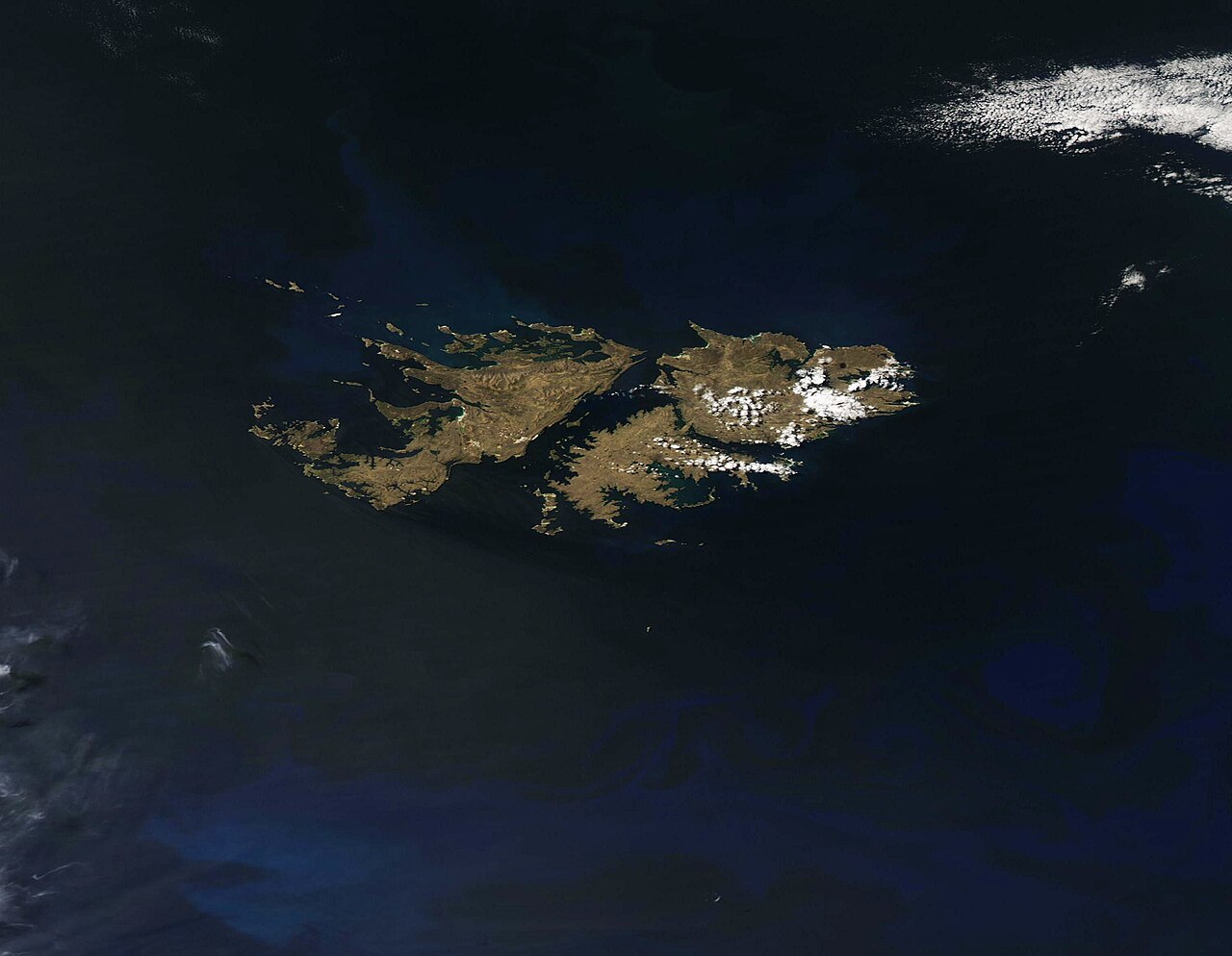 The Falkland Islands seen from space in the South Atlantic Ocean, located about 305 miles east of Argentina.