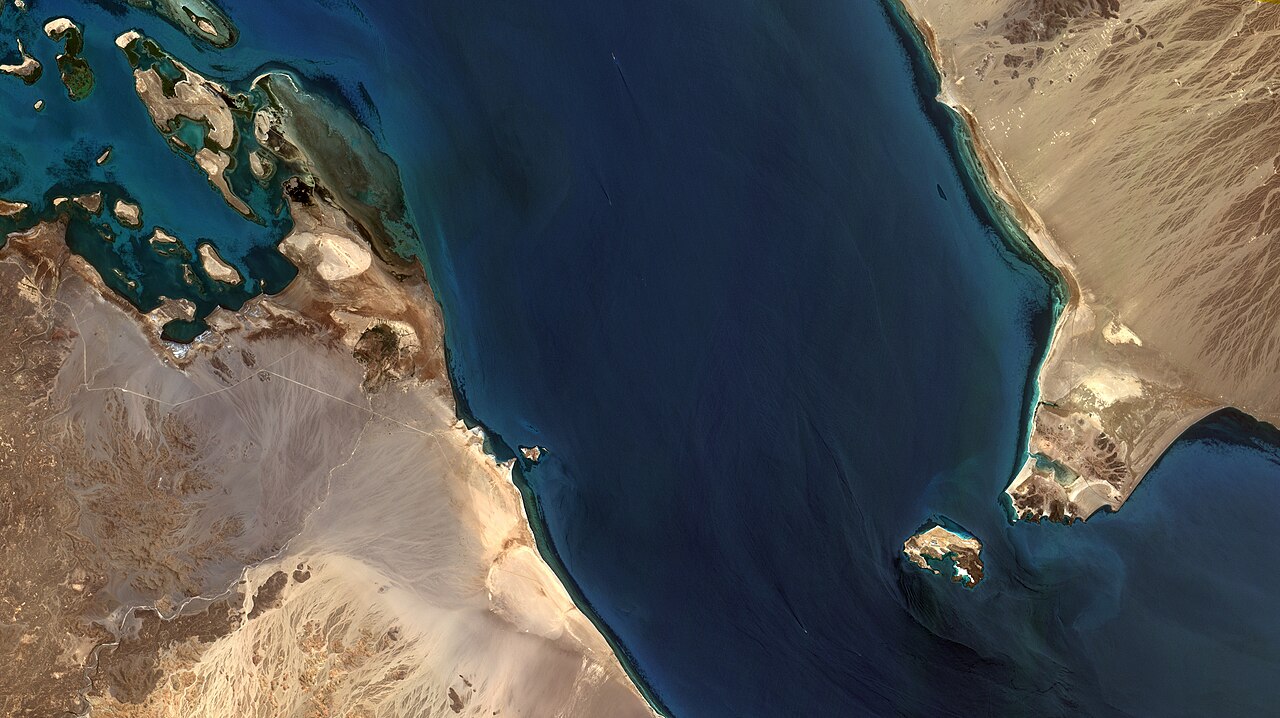 The Bab al-Mandab Strait, located between Yemen and the Horn of Africa, connecting the Red Sea to the Gulf of Aden.
