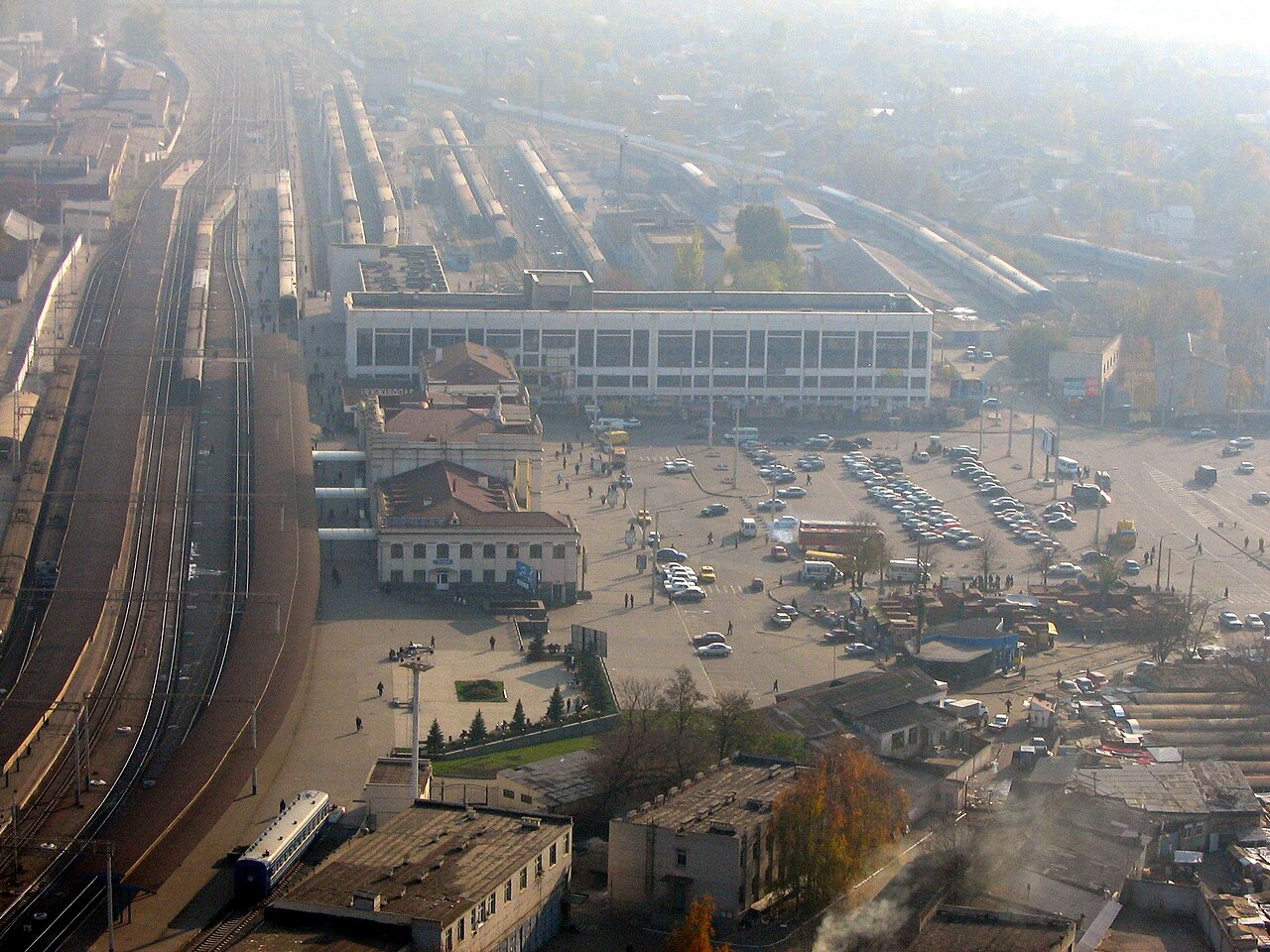 Aerial view of Zaporizhia railway station and surroundings.
