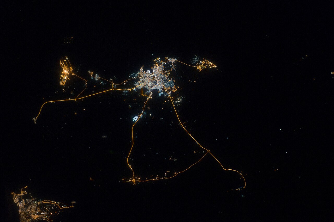 Nighttime image of Qatar and the Persian Gulf coast.