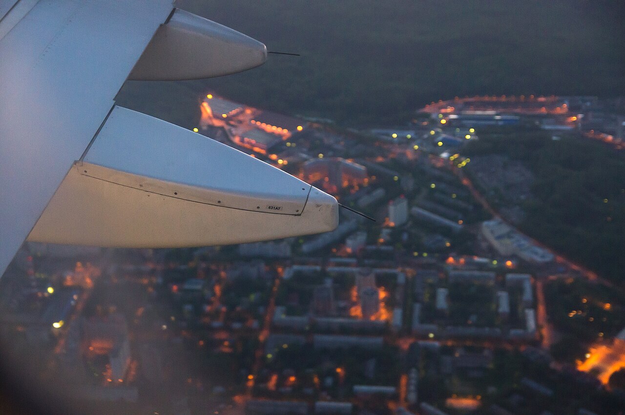 Night view of Moscow entering approach phase at Domodedovo Airport at dawn.